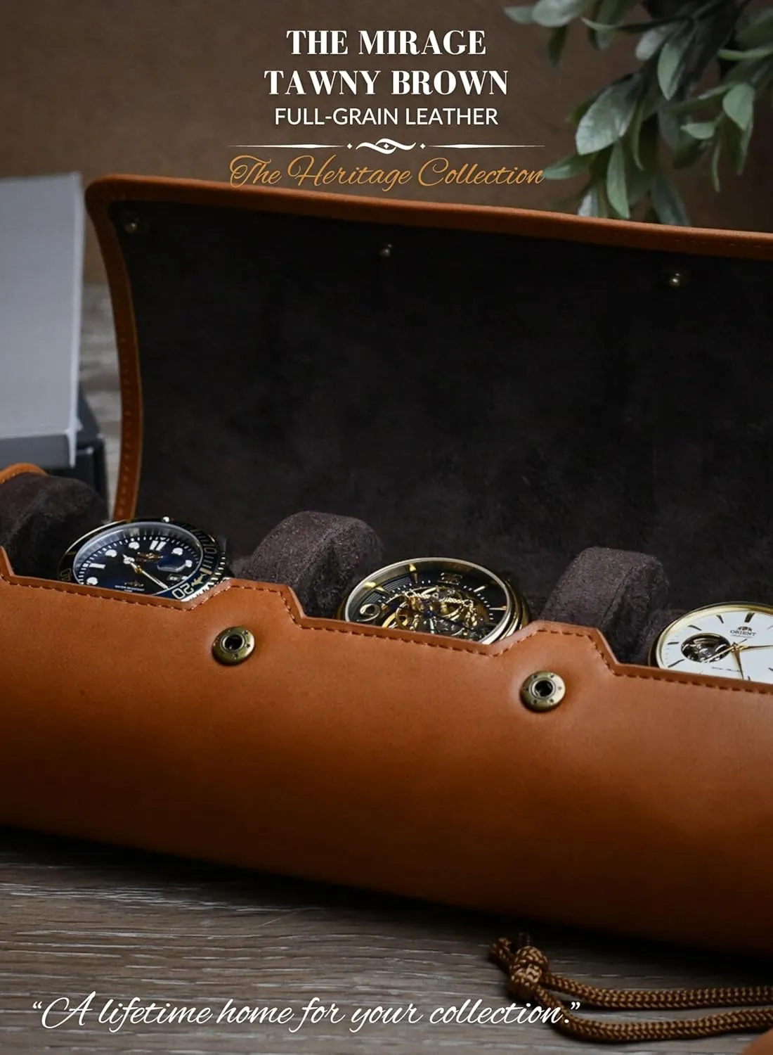 Watch Travel Case for Men – Leather Watch Roll Case Organizer – 3 Watches - Brown Full Grain Cow Leather