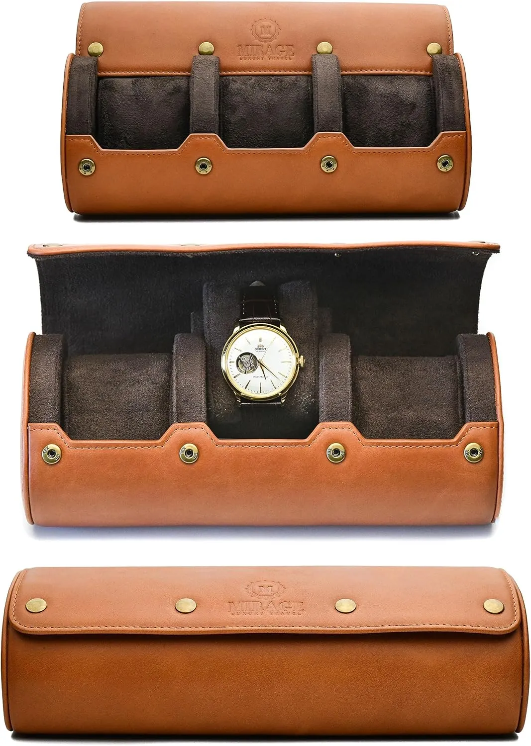 Watch Travel Case for Men – Leather Watch Roll Case Organizer – 3 Watches - Brown Full Grain Cow Leather