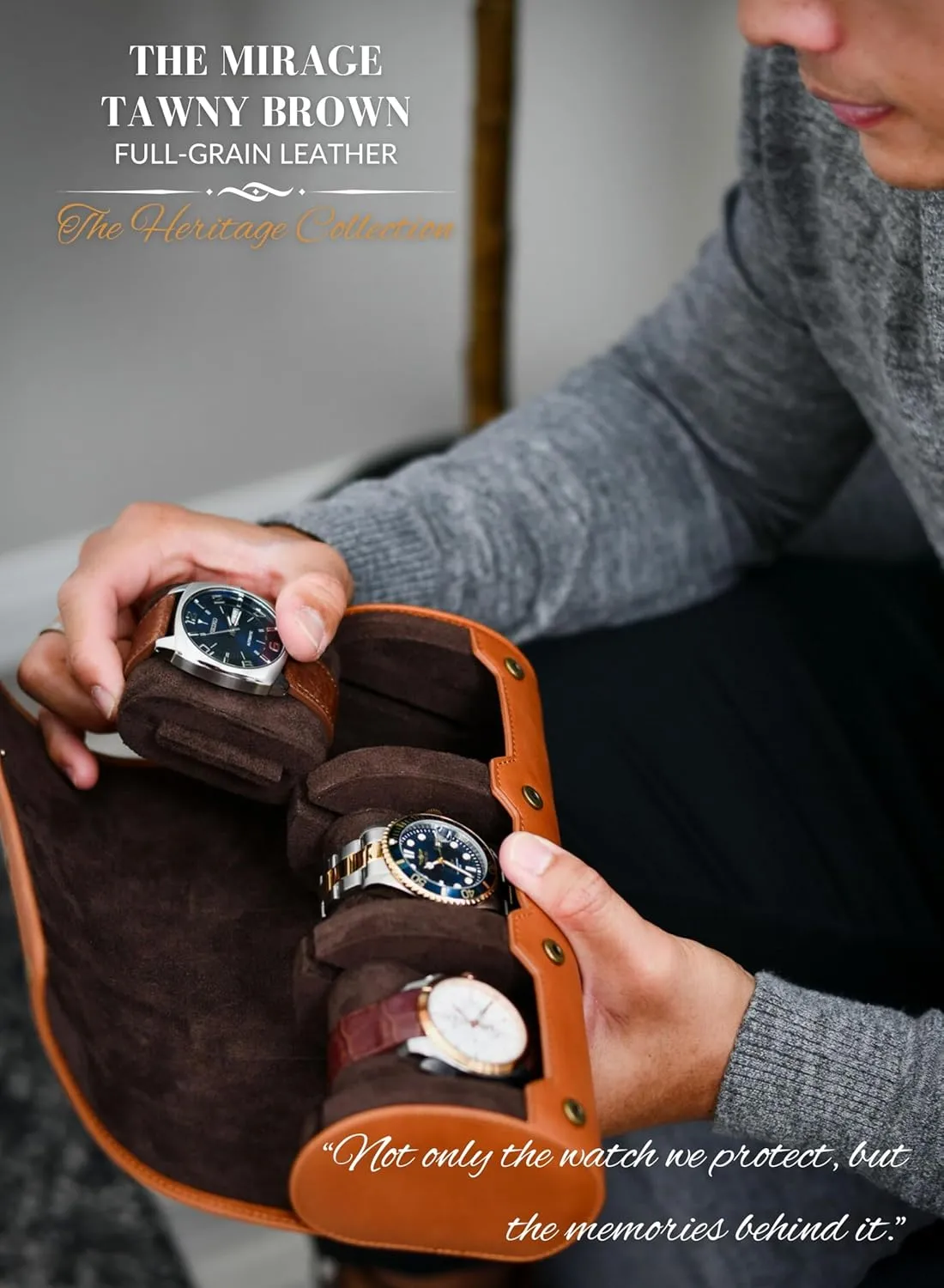 Watch Travel Case for Men – Leather Watch Roll Case Organizer – 3 Watches - Brown Full Grain Cow Leather