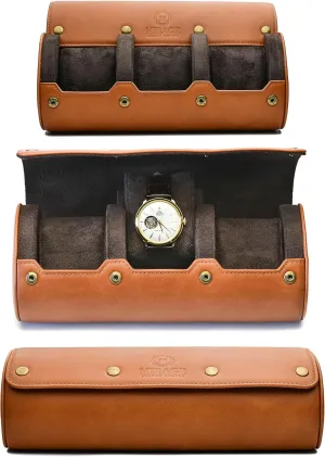 Watch Travel Case for Men – Leather Watch Roll Case Organizer – 3 Watches - Brown Full Grain Cow Leather