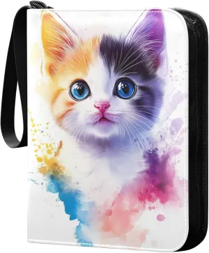 Watercolor Colorful Cat Cards Binder 4 Pocket Fits 400 Cards with 50 Removable Sleevesves, Trading Card Collector Zipper Album Holder Portable Card Games Display Storage Cases