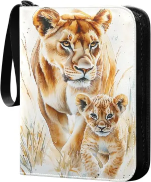 Watercolor Painting African Lioness Cards Binder 4 Pocket Fits 400 Cards with 50 Removable Sleevesves, Trading Card Collector Zipper Album Holder Portable Card Games Display Storage Cases