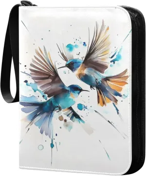 Watercolor Painting Birds Flying Cards Binder 4 Pocket Fits 400 Cards with 50 Removable Sleevesves, Trading Card Collector Zipper Album Holder Portable Card Games Display Storage Cases