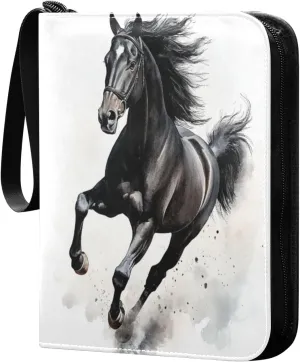 Watercolor Painting Black Horse Cards Binder 4 Pocket Fits 400 Cards with 50 Removable Sleevesves, Trading Card Collector Zipper Album Holder Portable Card Games Display Storage Cases