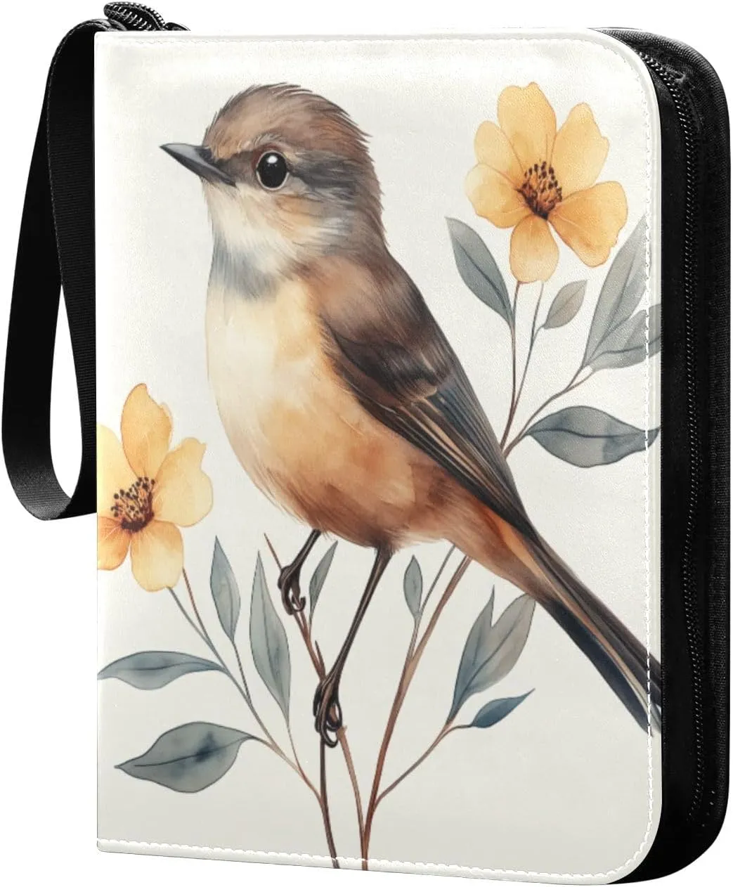 Watercolor Painting Brown Bird Cards Binder 4 Pocket Fits 400 Cards with 50 Removable Sleevesves, Trading Card Collector Zipper Album Holder Portable Card Games Display Storage Cases
