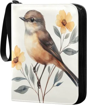 Watercolor Painting Brown Bird Cards Binder 4 Pocket Fits 400 Cards with 50 Removable Sleevesves, Trading Card Collector Zipper Album Holder Portable Card Games Display Storage Cases