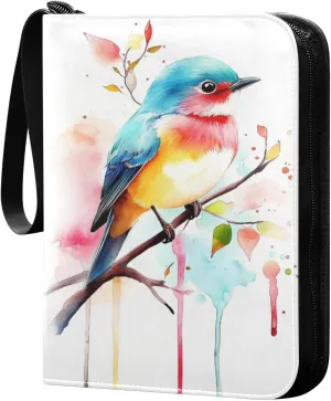 Watercolor Painting Colorful Bird Cards Binder 4 Pocket Fits 400 Cards with 50 Removable Sleevesves, Trading Card Collector Zipper Album Holder Portable Card Games Display Storage Cases