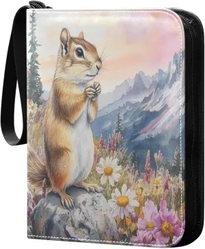 Watercolor Painting Cute Chipmun Cards Binder 4 Pocket Fits 400 Cards with 50 Removable Sleevesves, Trading Card Collector Zipper Album Holder Portable Card Games Display Storage Cases