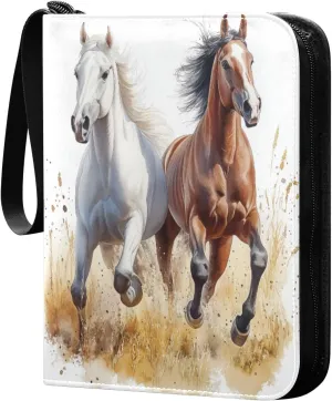 Watercolor Painting Horses Running Field Cards Binder 4 Pocket Fits 400 Cards with 50 Removable Sleevesves, Trading Card Collector Zipper Album Holder Portable Card Games Display Storage Cases