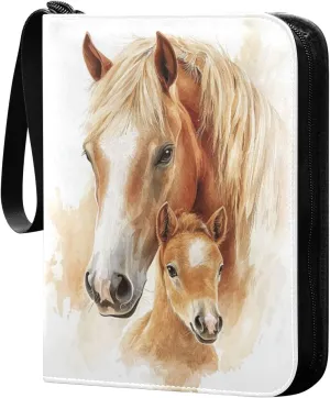 Watercolor Painting Of Horse Cards Binder 4 Pocket Fits 400 Cards with 50 Removable Sleevesves, Trading Card Collector Zipper Album Holder Portable Card Games Display Storage Cases