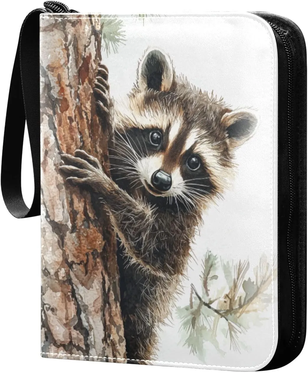 Watercolor Painting Of Raccoon Cards Binder 4 Pocket Fits 400 Cards with 50 Removable Sleevesves, Trading Card Collector Zipper Album Holder Portable Card Games Display Storage Cases