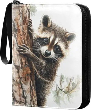 Watercolor Painting Of Raccoon Cards Binder 4 Pocket Fits 400 Cards with 50 Removable Sleevesves, Trading Card Collector Zipper Album Holder Portable Card Games Display Storage Cases