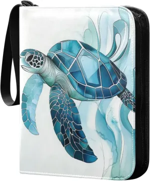 Watercolor Painting Sea Turtle Cards Binder 4 Pocket Fits 400 Cards with 50 Removable Sleevesves, Trading Card Collector Zipper Album Holder Portable Card Games Display Storage Cases