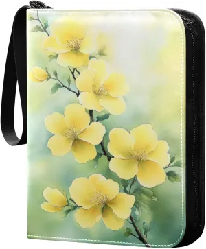 Watercolor Painting Yellow Flowers Cards Binder 4 Pocket Fits 400 Cards with 50 Removable Sleevesves, Trading Card Collector Zipper Album Holder Portable Card Games Display Storage Cases