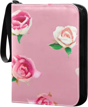 Watercolor Roses Pink Card Binder 4 Pocket Trading Card Album Fits 400 Sports/Game Cards, PU Cover 3 Ring Card Collection with 50 Removable Sleeves