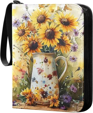Watercolor Vintage Daisy Painting Cards Binder 4 Pocket Fits 400 Cards with 50 Removable Sleevesves, Trading Card Collector Zipper Album Holder Portable Card Games Display Storage Cases