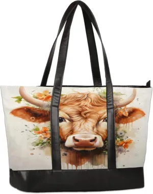 Watercolour Abstract Cow Flower Laptop Tote Bag for Women Lightweight Work Purse with Multiple Compartments Fits 13-15.6 Inch Laptop Tablet Shoulder Bag for Office Travel Daily Use