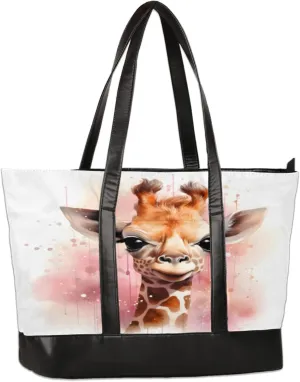 Watercolour Giraffe Laptop Tote Bag for Women Lightweight Work Purse with Multiple Compartments Fits 13-15.6 Inch Laptop Tablet Shoulder Bag for Office Travel Daily Use