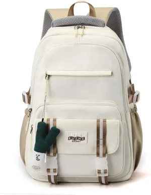 Waterproof Backpack Women Casual Fashion Large Capacity Backpack Multifunctional Side Pockets Men Travel Backpack (White)
