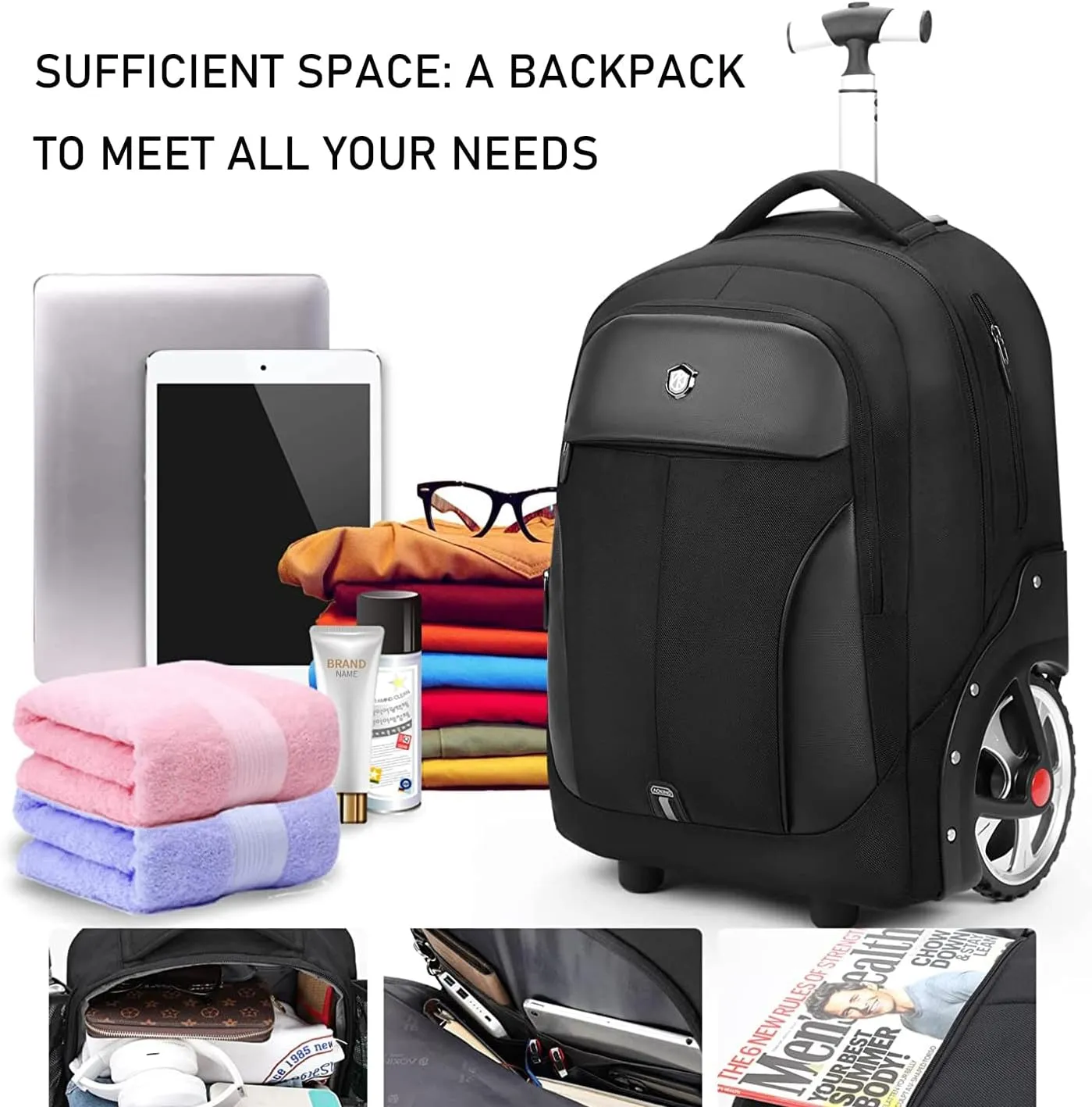 Waterproof Rolling Backpack, Backpack with Wheels for Business and Travel Commuter, Carry on Backpack with Laptop Compartment for Women and Men Adult (Black, 20inch)
