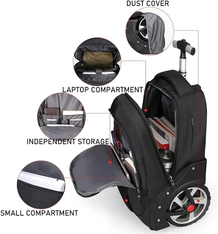 Waterproof Rolling Backpack, Backpack with Wheels for Business and Travel Commuter, Carry on Backpack with Laptop Compartment for Women and Men Adult (Black, 20inch)