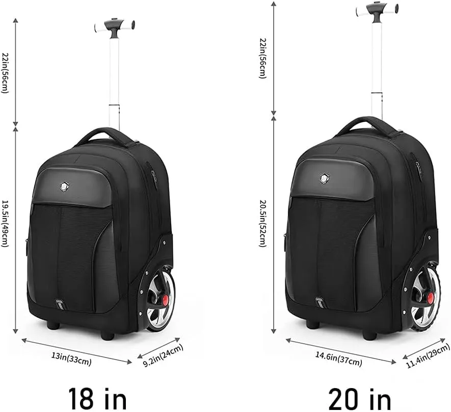 Waterproof Rolling Backpack, Backpack with Wheels for Business and Travel Commuter, Carry on Backpack with Laptop Compartment for Women and Men Adult (Black, 20inch)