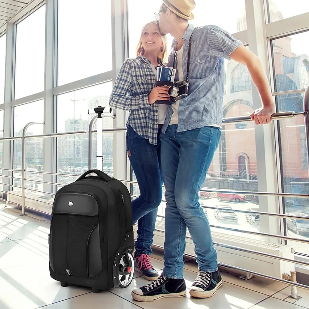Waterproof Rolling Backpack, Backpack with Wheels for Business and Travel Commuter, Carry on Backpack with Laptop Compartment for Women and Men Adult (Black, 20inch)