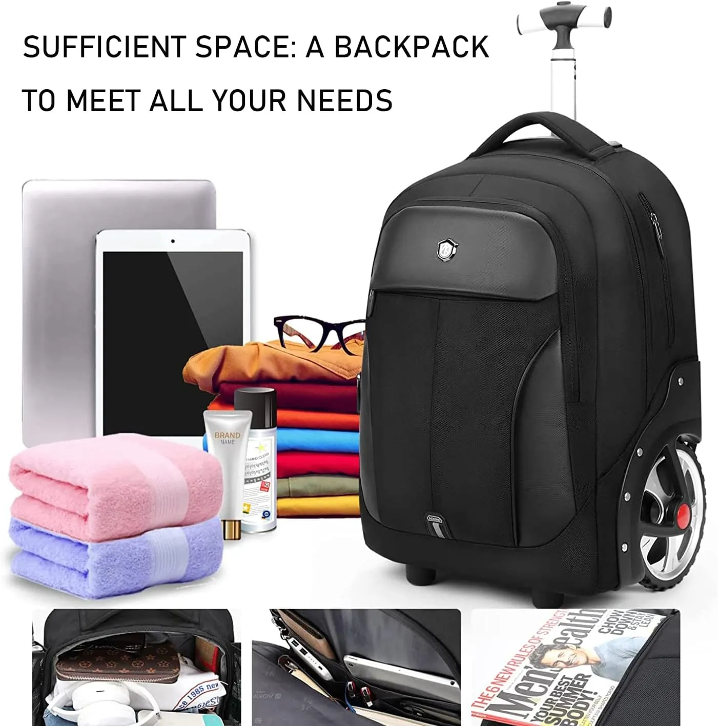 Waterproof Rolling Backpack, Backpack with Wheels for Business and Travel Commuter, Carry on Backpack with Laptop Compartment for Women and Men Adult(Black-Flower, 20inch)