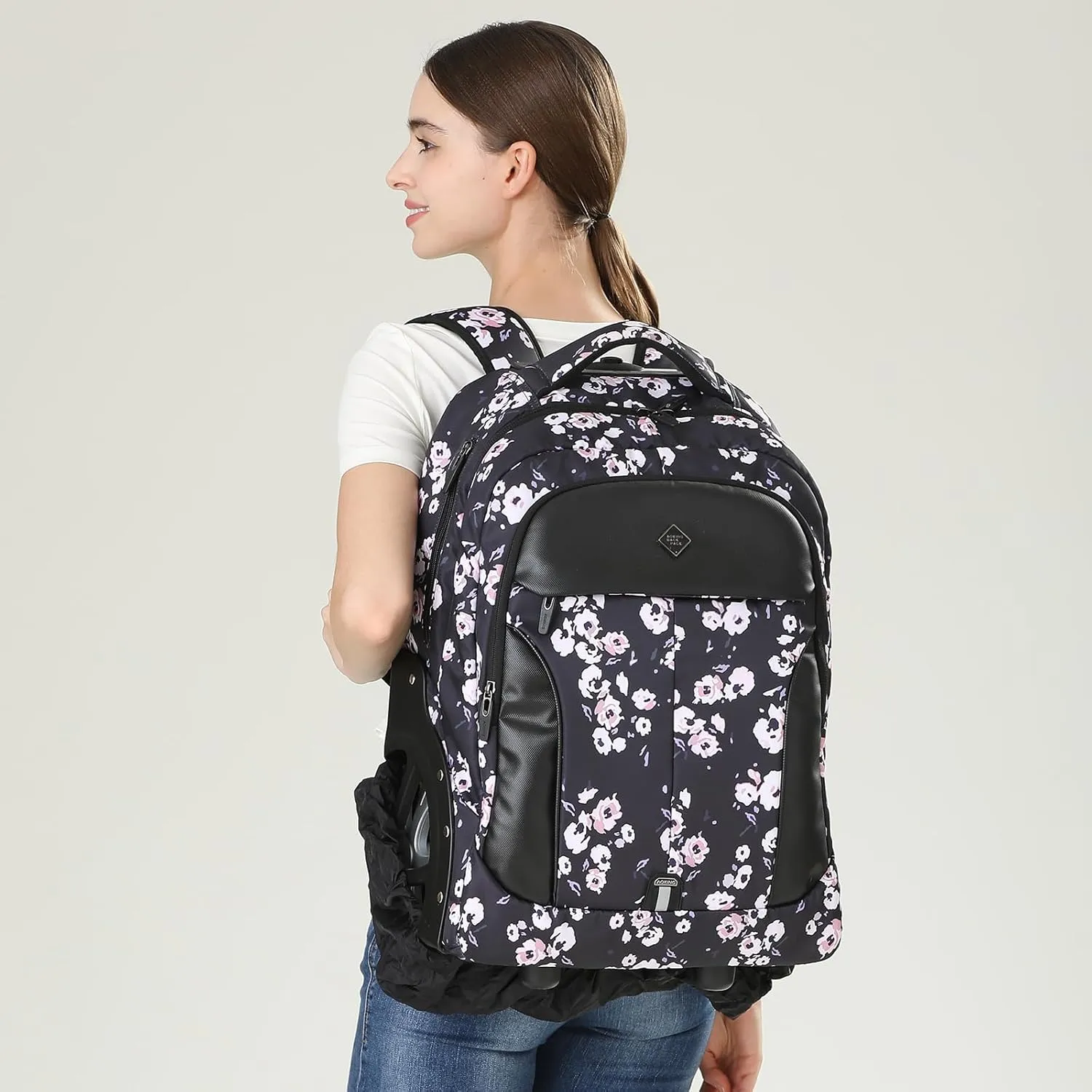 Waterproof Rolling Backpack, Backpack with Wheels for Business and Travel Commuter, Carry on Backpack with Laptop Compartment for Women and Men Adult(Black-Flower, 20inch)