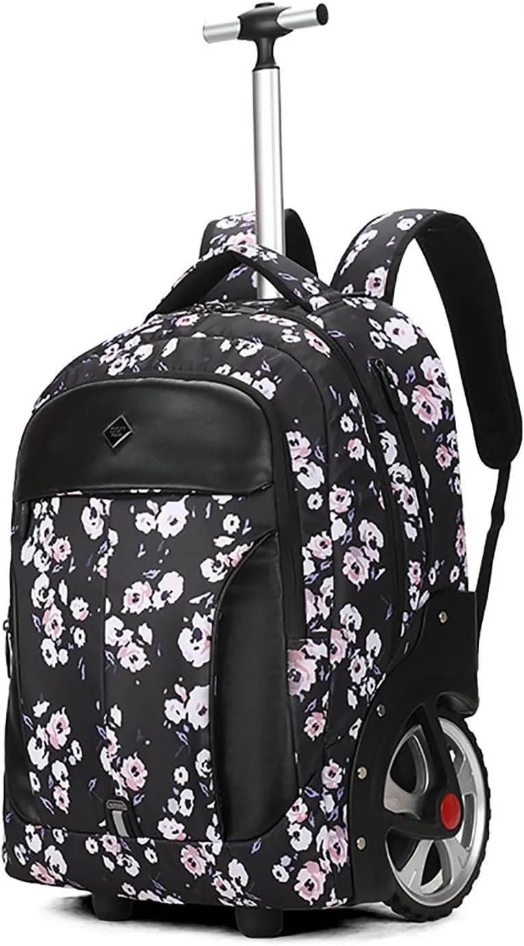 Waterproof Rolling Backpack, Backpack with Wheels for Business and Travel Commuter, Carry on Backpack with Laptop Compartment for Women and Men Adult(Black-Flower, 20inch)