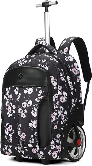 Waterproof Rolling Backpack, Backpack with Wheels for Business and Travel Commuter, Carry on Backpack with Laptop Compartment for Women and Men Adult(Black-Flower, 20inch)