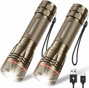 WdtPro Rechargeable Flashlights High Lumens, 2 Pack 10H Long Lasting Super Bright EDC Flashlight, LED Mini Tactical Flash Lights for Camping Emergency, Drop & Water Resistant Brown(Battery Included)