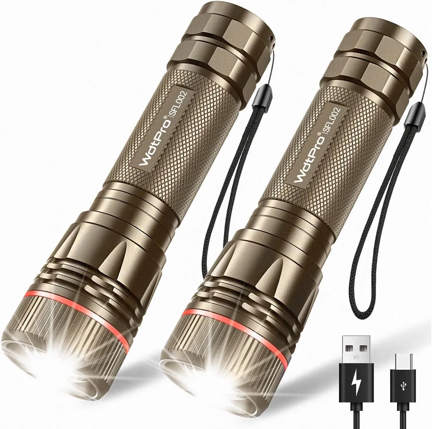 WdtPro Rechargeable Flashlights High Lumens, 2 Pack 10H Long Lasting Super Bright EDC Flashlight, LED Mini Tactical Flash Lights for Camping Emergency, Drop & Water Resistant Brown(Battery Included)