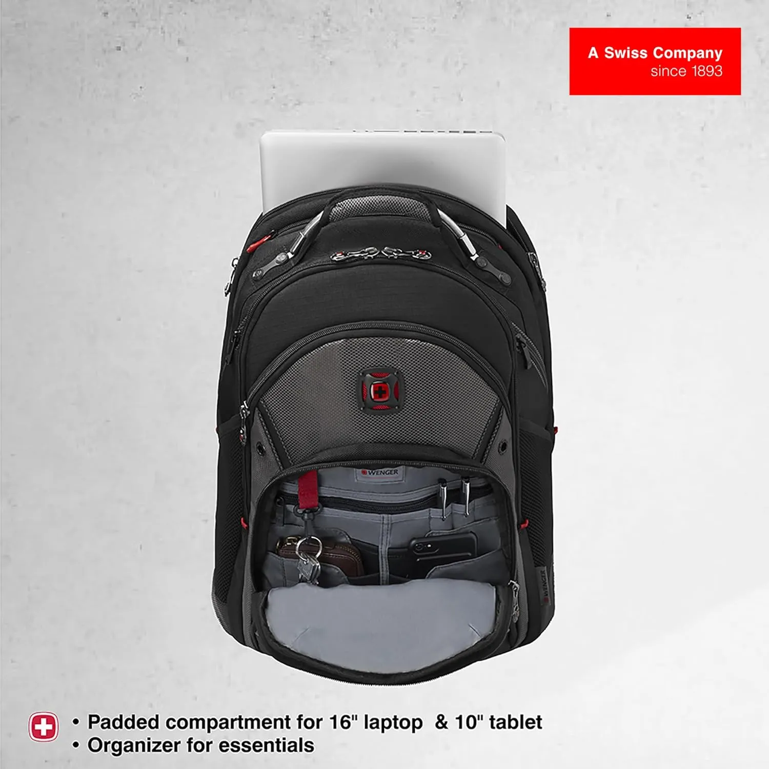 Wenger Synergy Laptop Backpack, Fits 16 Inch Laptop, Men's and Women's Laptop Bag, Black/Grey