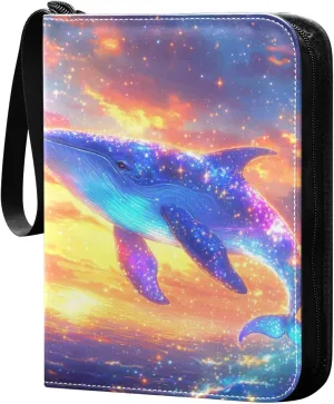 Whale Glows with Colorful Light Cards Binder 4 Pocket Fits 400 Cards with 50 Removable Sleevesves, Trading Card Collector Zipper Album Holder Portable Card Games Display Storage Cases