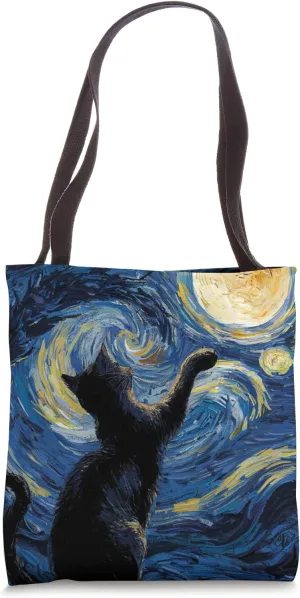 Whimsical Impressionist Night Van Gogh Inspired Art with Cat Tote Bag