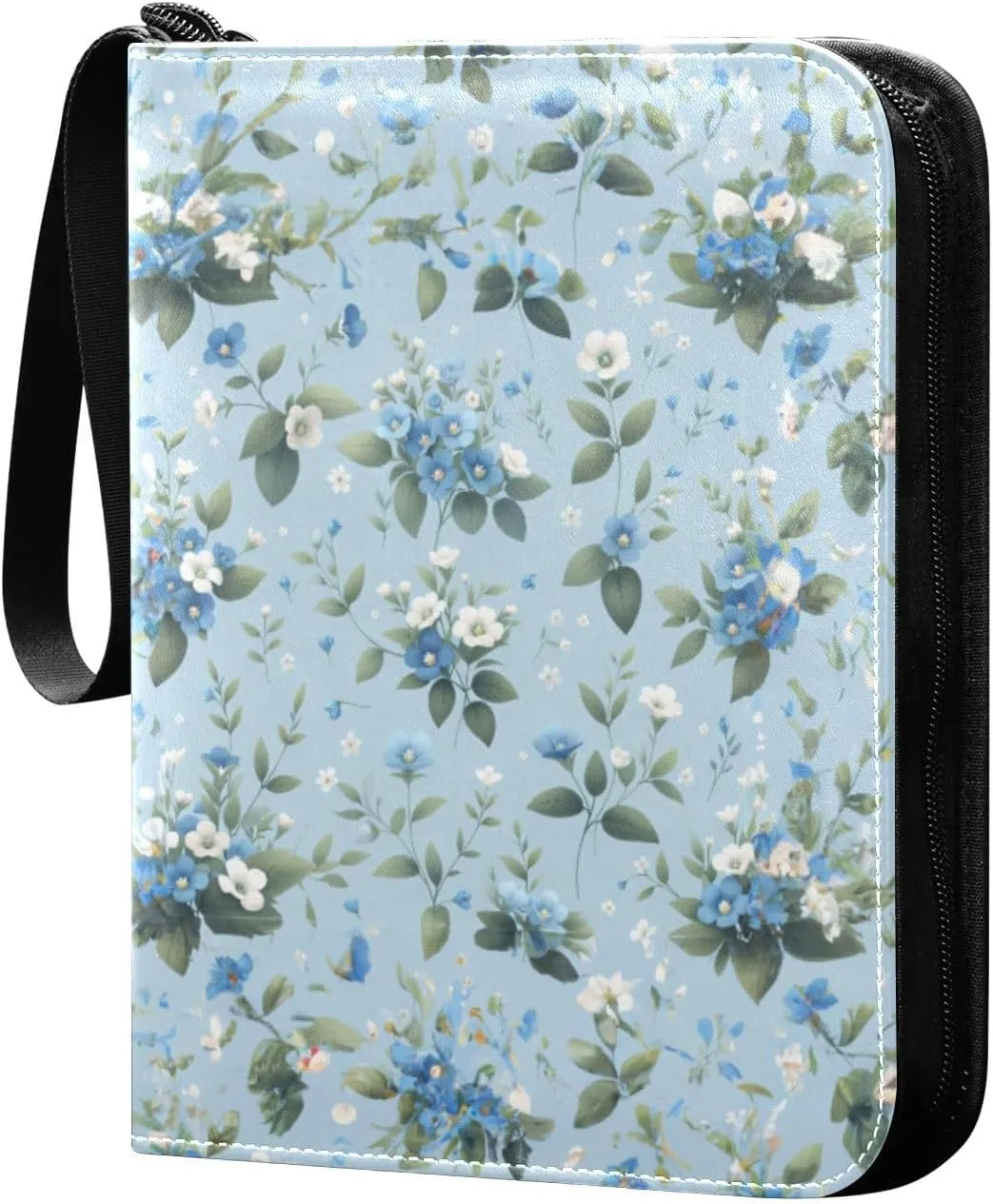 White Blue Flowers Card Binder 4 Pocket Trading Card Album Fits 400 Sports/Game Cards, PU Cover 3 Ring Card Collection with 50 Removable Sleeves