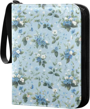White Blue Flowers Card Binder 4 Pocket Trading Card Album Fits 400 Sports/Game Cards, PU Cover 3 Ring Card Collection with 50 Removable Sleeves
