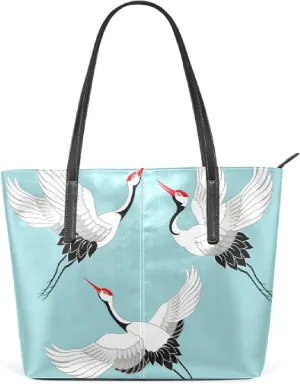 White Crane Blue Tote Bag for Women Leather Shoulder Handbag with Zipper and Pockets Fashion Casual Handle Bag Purse for Travel Beach Working Laptop School Gym Shopping