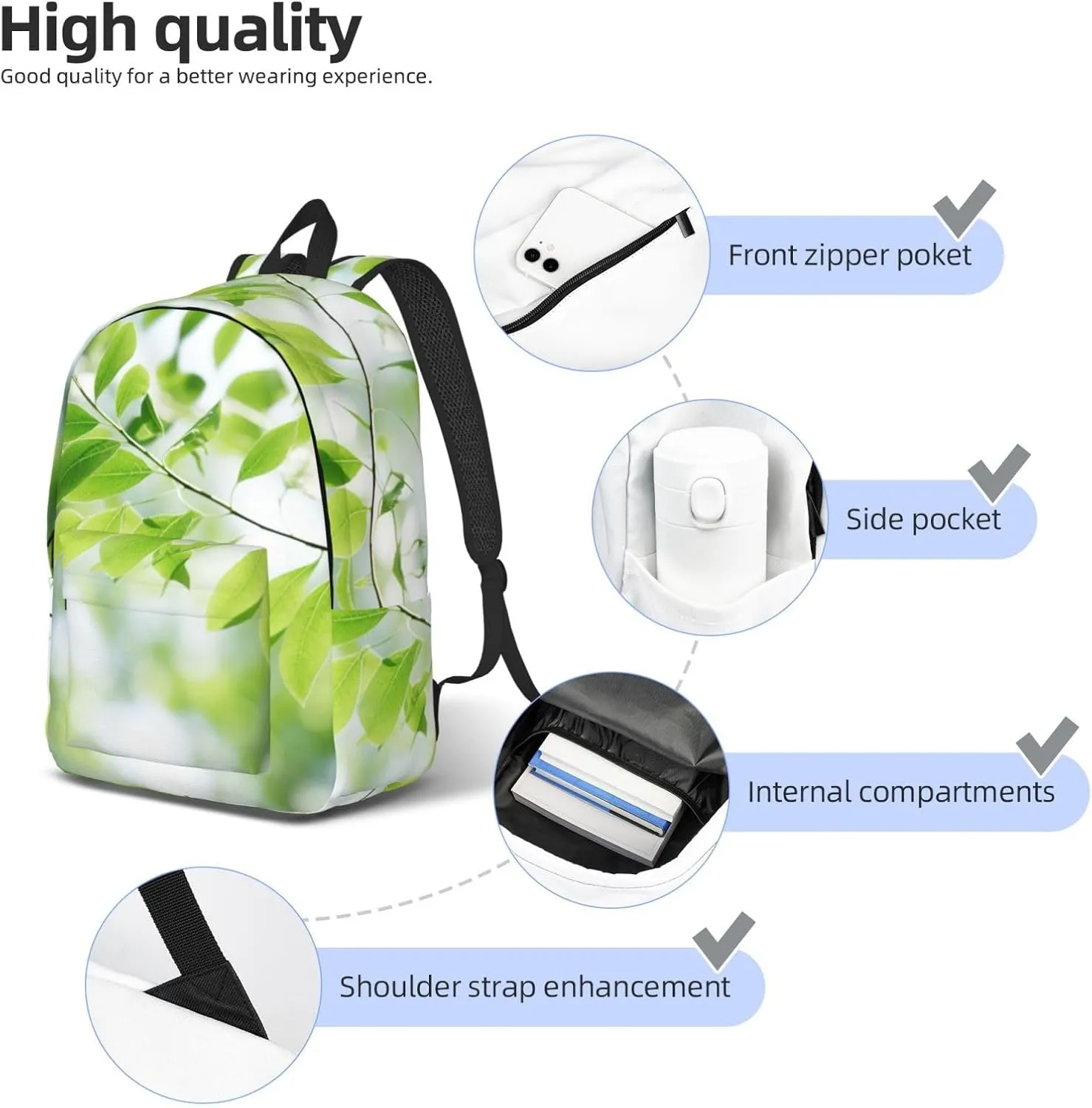 White Natural Greenery Twig Print Vintage Canvas Backpack,Travel Bag,Stylish And Lightweight With Multiple Pockets