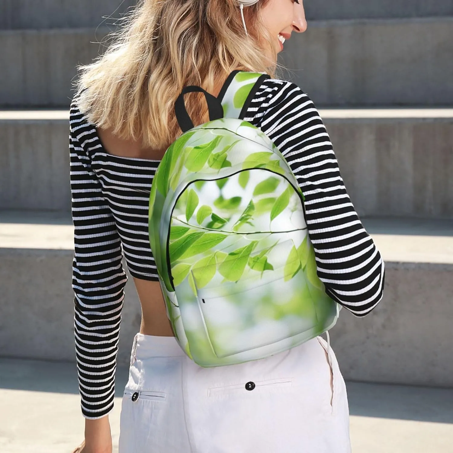 White Natural Greenery Twig Print Vintage Canvas Backpack,Travel Bag,Stylish And Lightweight With Multiple Pockets