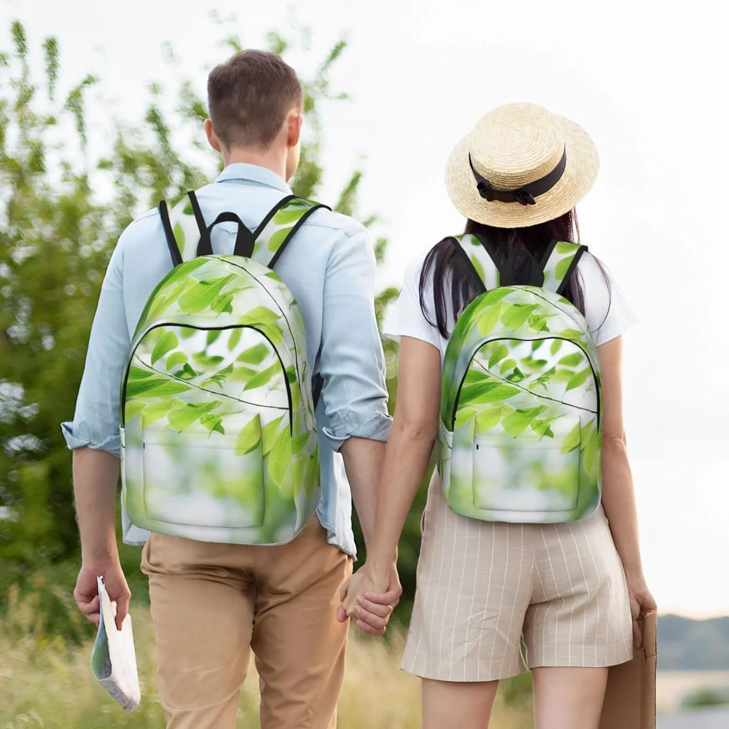 White Natural Greenery Twig Print Vintage Canvas Backpack,Travel Bag,Stylish And Lightweight With Multiple Pockets