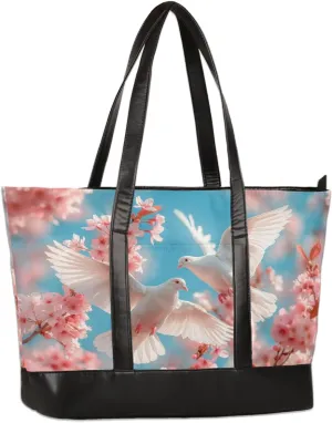White Pigeon Pink Flowers Large Tote Bags Women Handbags with Zipper, Laptop Tote Bag Shopper Shoulder Bag Handbag, Gifts for Women