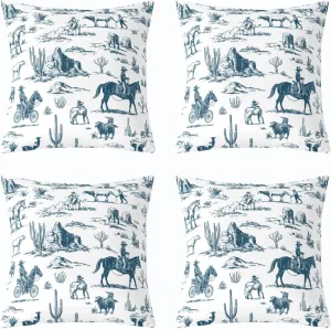 Wild West Pack of 4 Throw Pillow Covers 20x20 Inch Desert Pillow Covers for Teens Adults Cowboy Adventure Western Horse Cushion Covers Hand Drawn Blue Country Cushion Cases