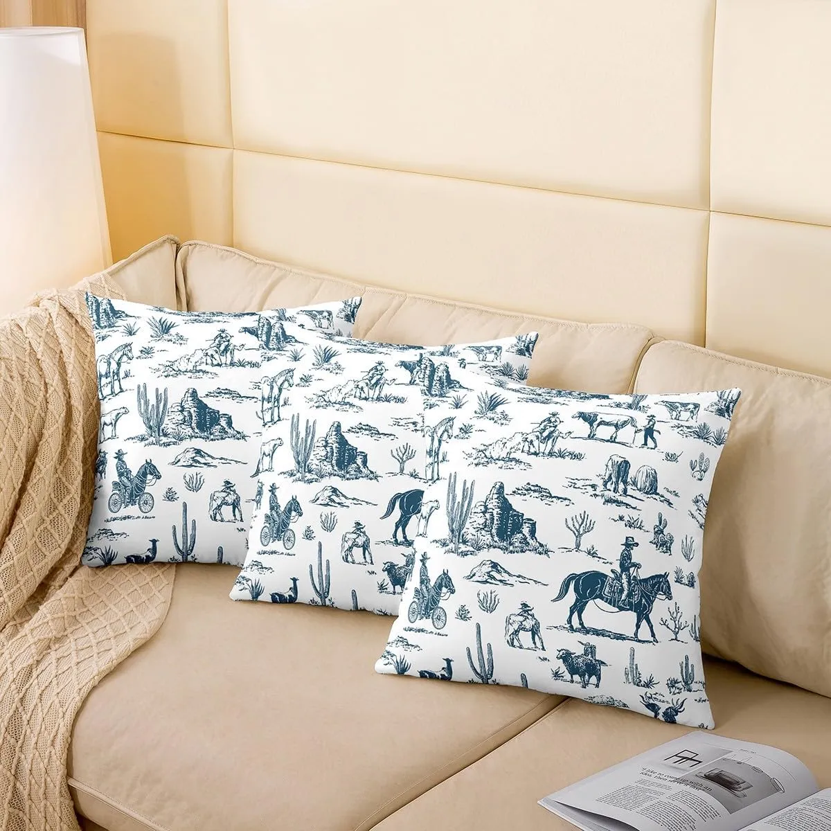 Wild West Pack of 4 Throw Pillow Covers 20x20 Inch Desert Pillow Covers for Teens Adults Cowboy Adventure Western Horse Cushion Covers Hand Drawn Blue Country Cushion Cases