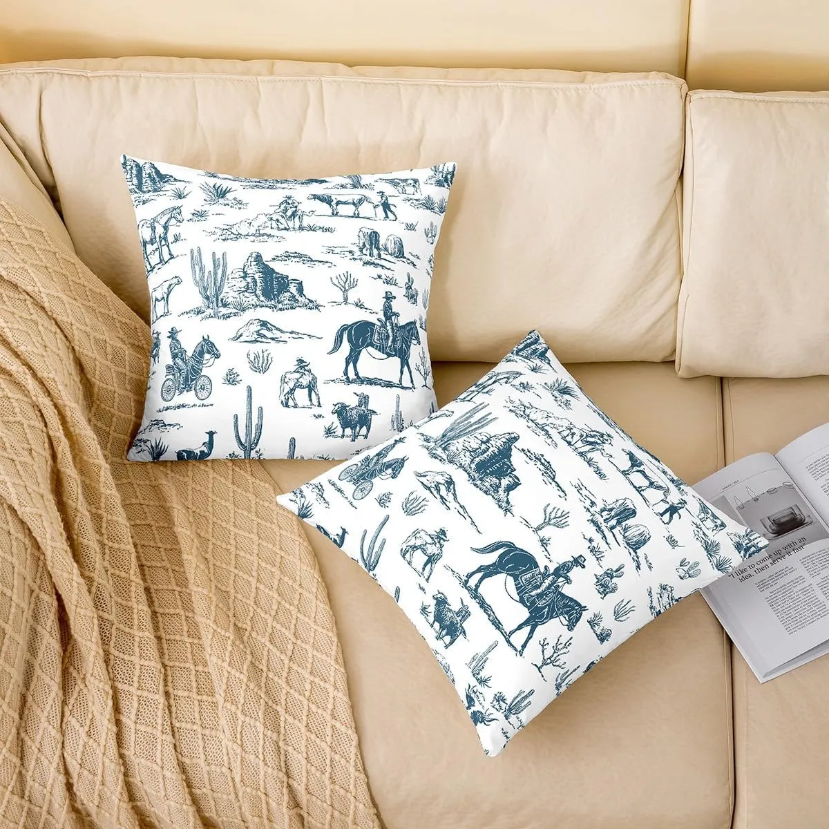Wild West Pack of 4 Throw Pillow Covers 20x20 Inch Desert Pillow Covers for Teens Adults Cowboy Adventure Western Horse Cushion Covers Hand Drawn Blue Country Cushion Cases