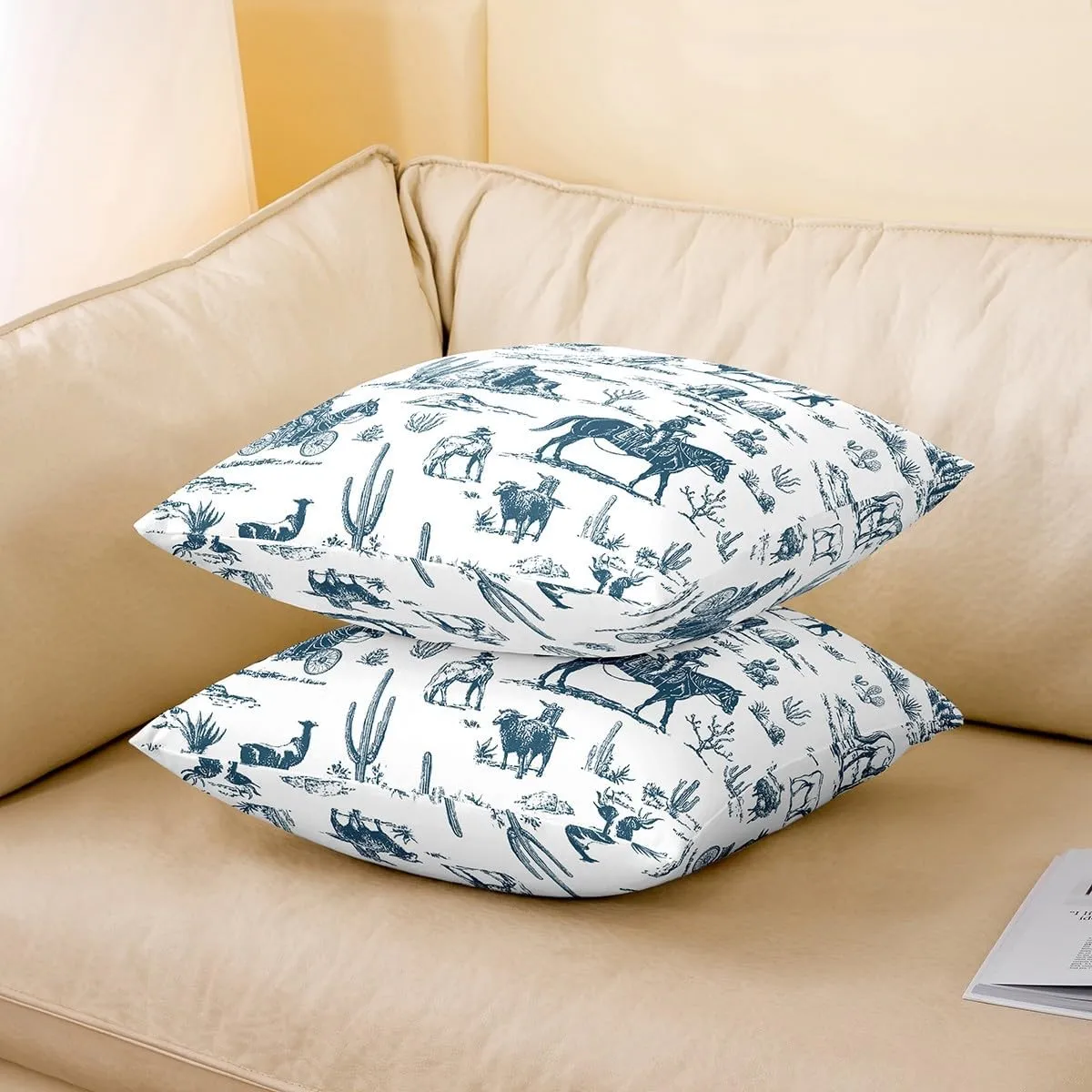 Wild West Pack of 4 Throw Pillow Covers 20x20 Inch Desert Pillow Covers for Teens Adults Cowboy Adventure Western Horse Cushion Covers Hand Drawn Blue Country Cushion Cases