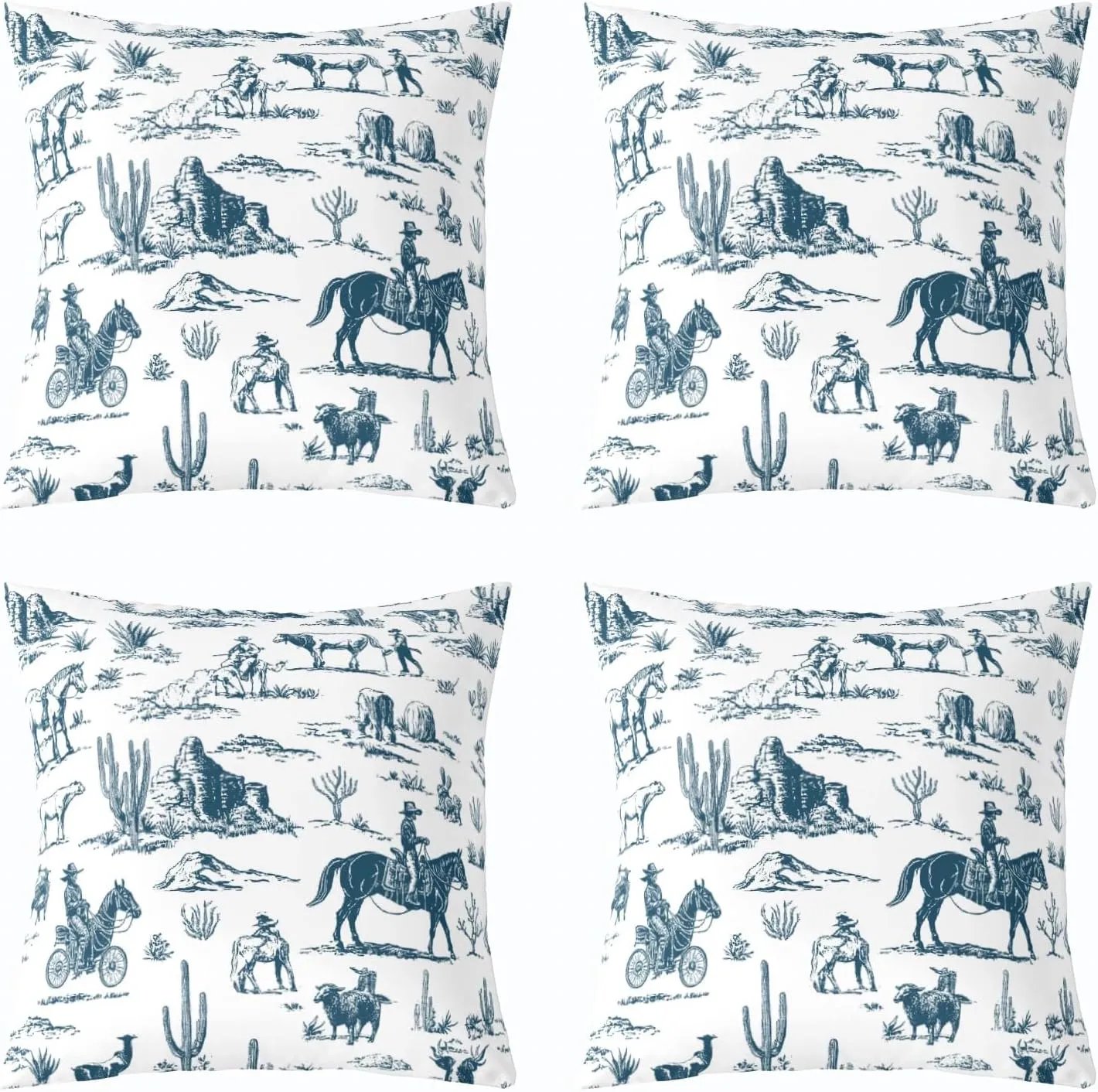 Wild West Pack of 4 Throw Pillow Covers 20x20 Inch Desert Pillow Covers for Teens Adults Cowboy Adventure Western Horse Cushion Covers Hand Drawn Blue Country Cushion Cases