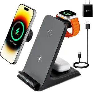 Wireless Charger for Thick Cases of 10MM/Otterbox/Popsocket Compatible, 3 in 1 Charging Dock for iPhone 16 15 14 13 12 Pro Max, Charging Station for Multiple Devices for Apple Watch/AirPods