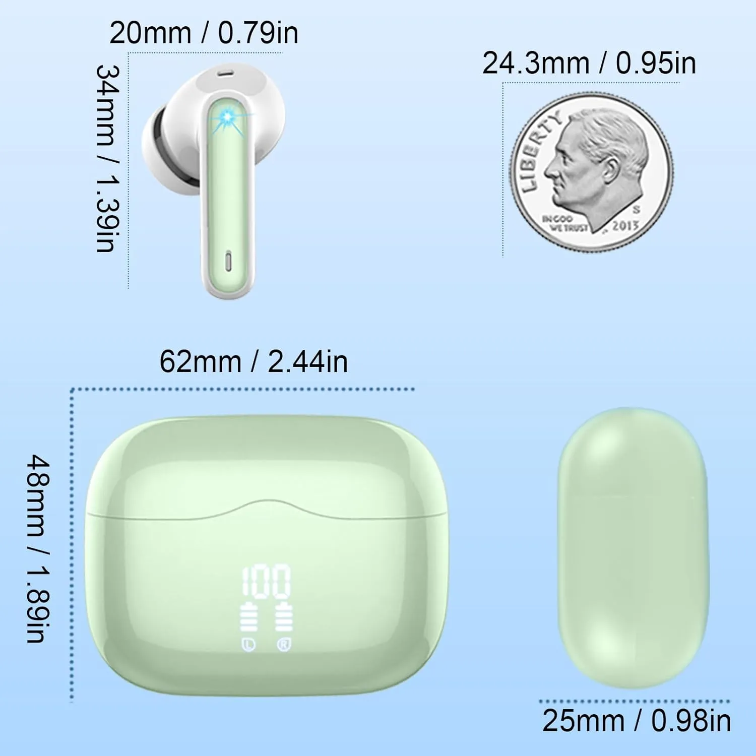 Wireless Earbud, Bluetooth 5.3 Headphones Deep Bass with 4 HD Mics, Wireless Headphones in Ear 40H Playtime, Bluetooth Earphones with Light Weight, IP7 Waterproof Ear Buds for Android IOS, Green